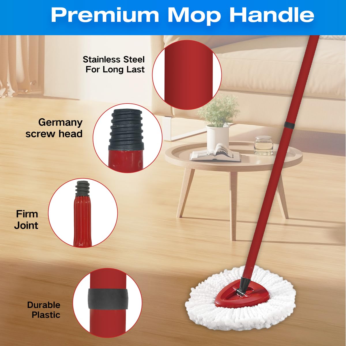 Spin Mop Handle Replacement Compatible with O-Cedar Spin Mop and Bucket, 3-Section 22" to 49" Mop Replace Handle, Mop Stick for Floor Cleaning (Bucket