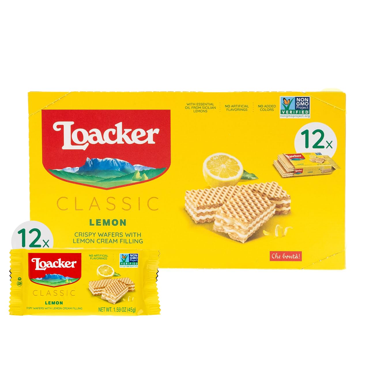 Loacker Classic Lemon Wafers - Premium Crispy Wafer Cookies with Lemon Cream Filling - Multipack of 12 Snack Packs - NON-GMO - Sicilian Lemons