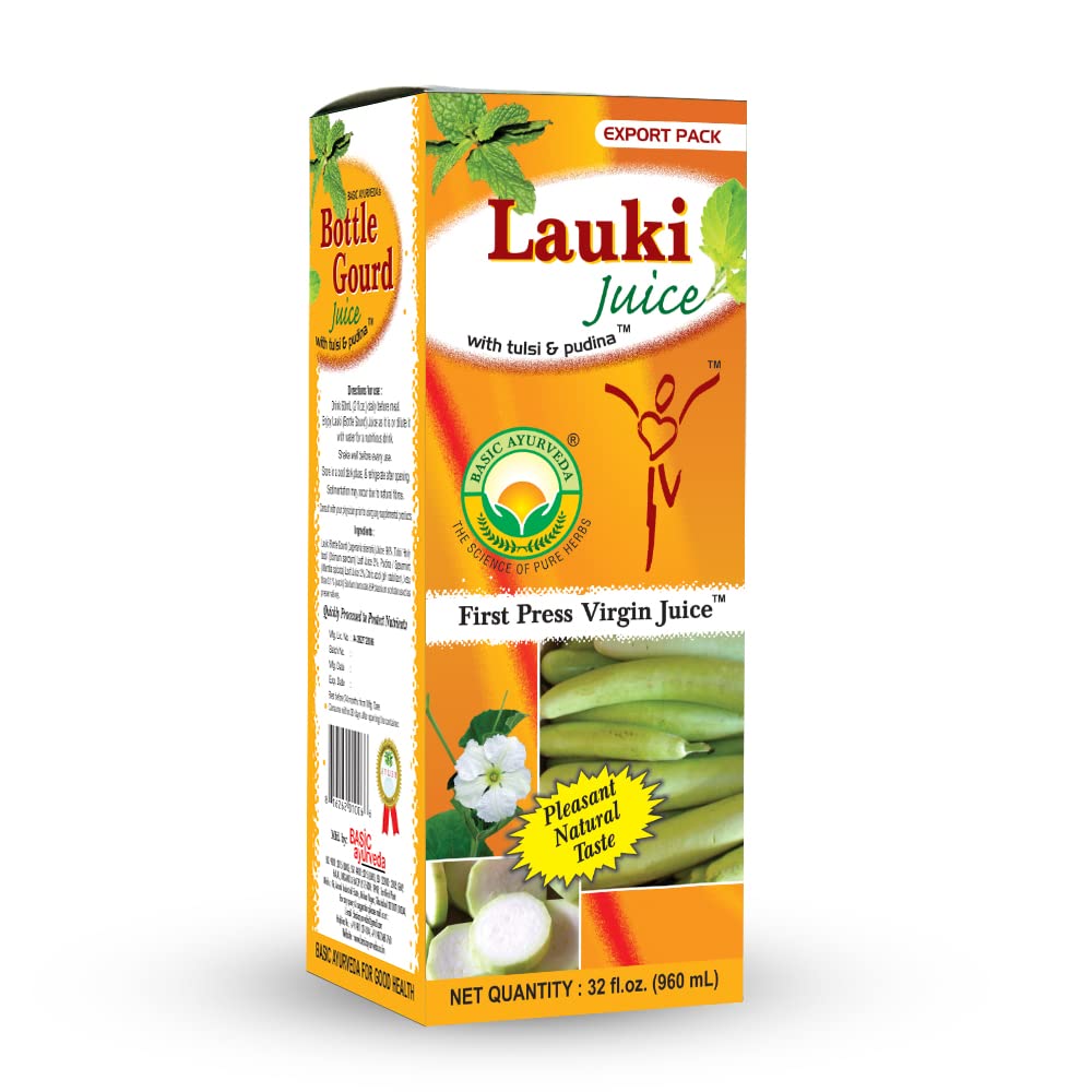 BASIC AYURVEDA Lauki (Bottle Gourd) Juice with Holy Basil & Mint Leaves | 32.46 Fl Oz (960ml) | Supports Digestion & Hair Health | Herbal Detox