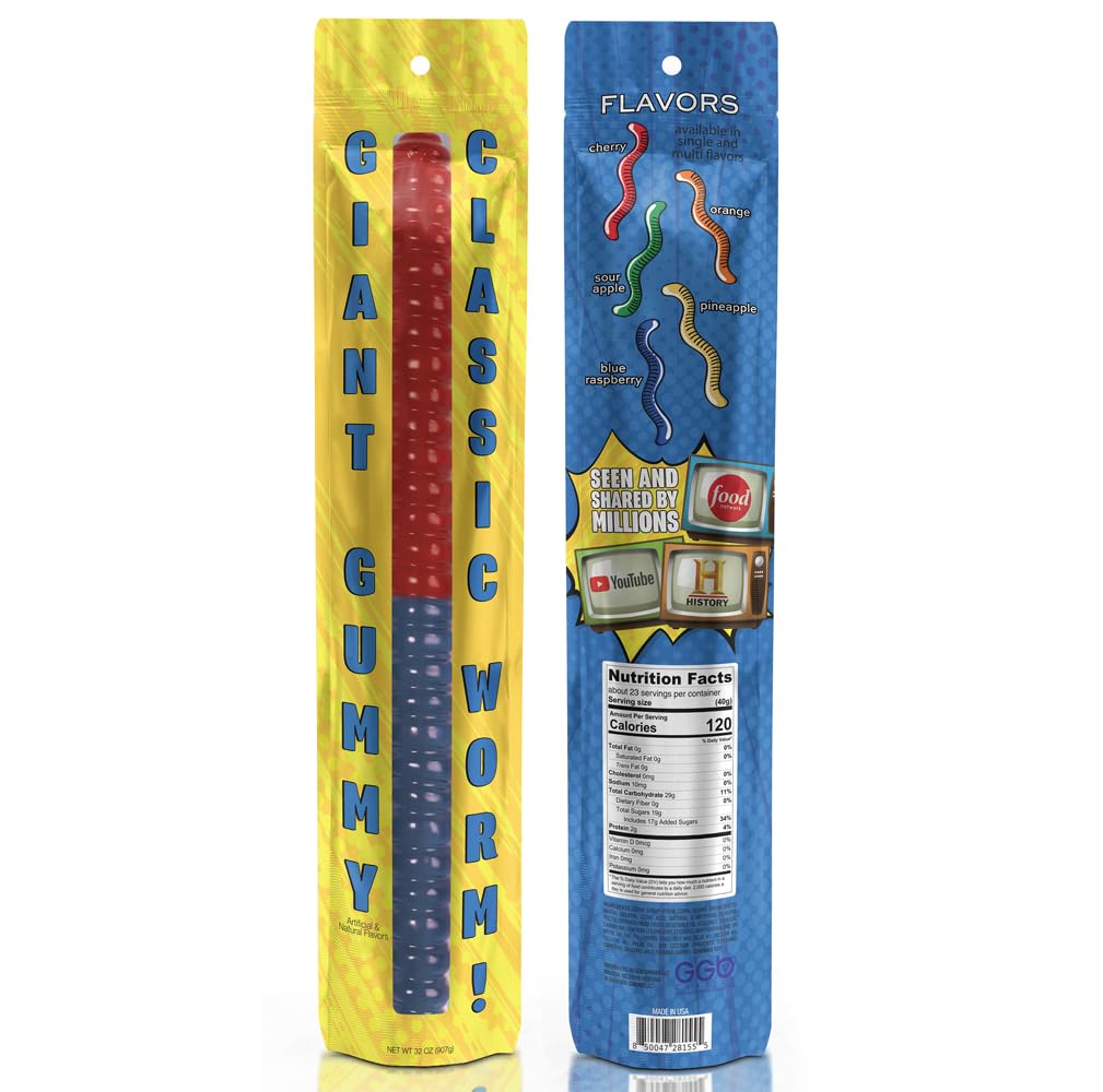Giant Gummy Worm - Large 2 Pound Gummy Candy with Big Fruity Flavor from GGB Candies (Cherry/Blue Raspberry)