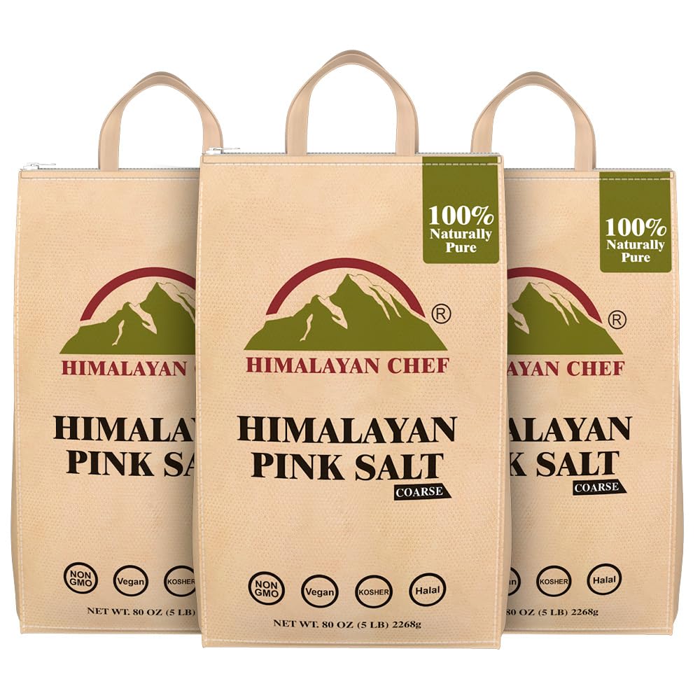 Himalayan Chef Pink Himalayan Salt - 15 lbs. (3 x 5 Pound Bulk Bags) Coarse Grain, Pure 100% Natural, Non-GMO, Vegan, Halal and Kosher Certified, Food