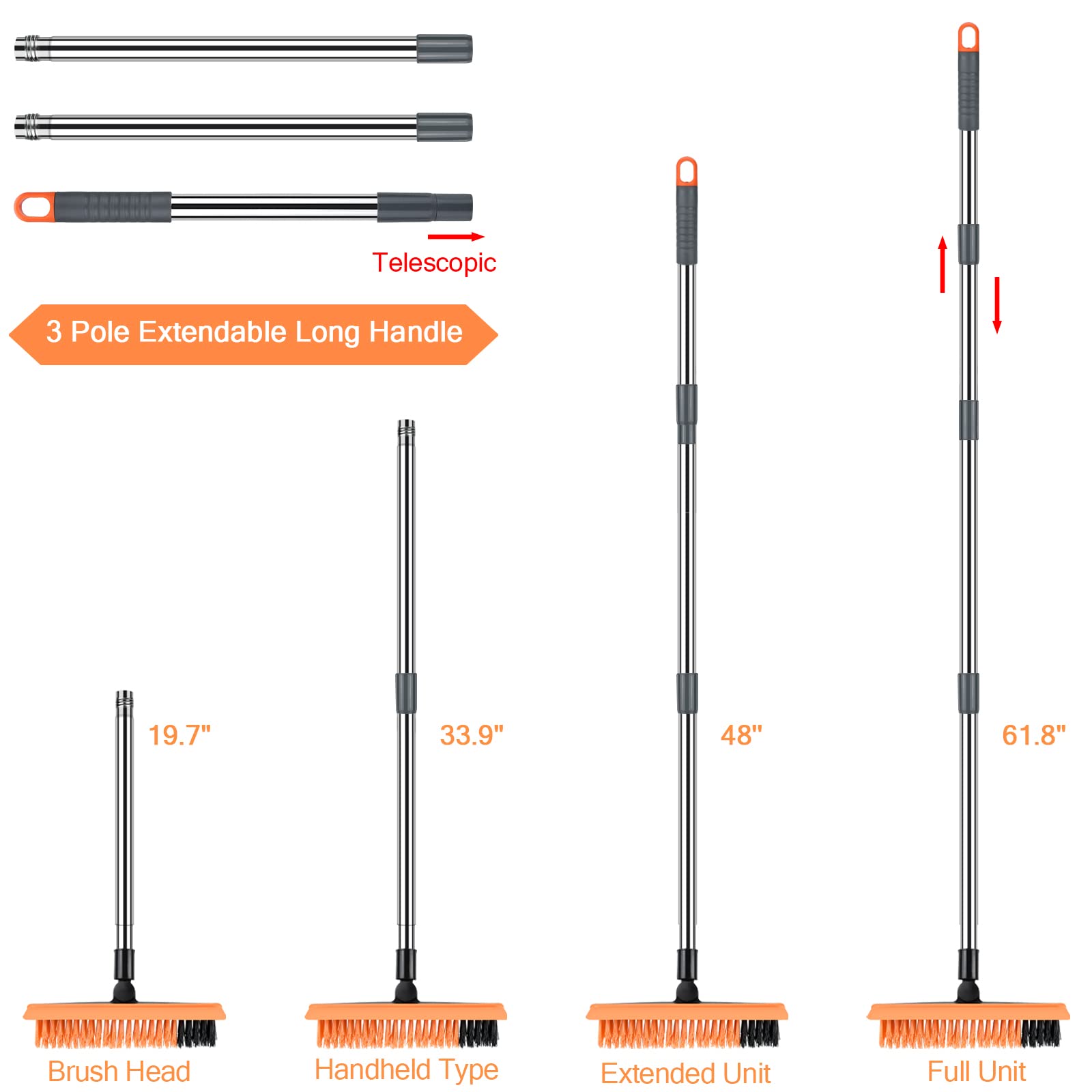 2 in 1 Floor Brush Scrubber with Long Handle Telescopic 3 Poles 61.8'' Grout Brush Scrape Stiff Bristle Cleaning Scrub Brush with Squeegee