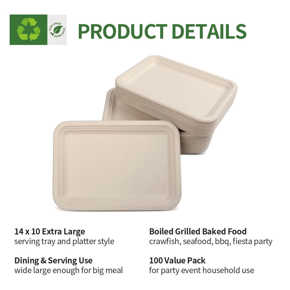 AICHEF 100 Pack 14 inch Large Disposable Food Trays for Crawfish Seafood Boil BBQ Dessert, Large Paper Plates 14 inch Heavy Duty Disposable Serving