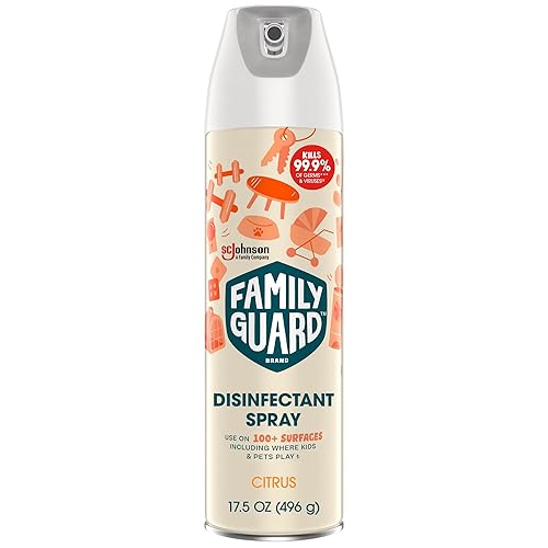 FamilyGuard Disinfectant Spray Aerosol, Antibacterial & Sanitizing Spray, Use on 100+ surfaces including where kids & pets play, Citrus Scent, 17.5 oz