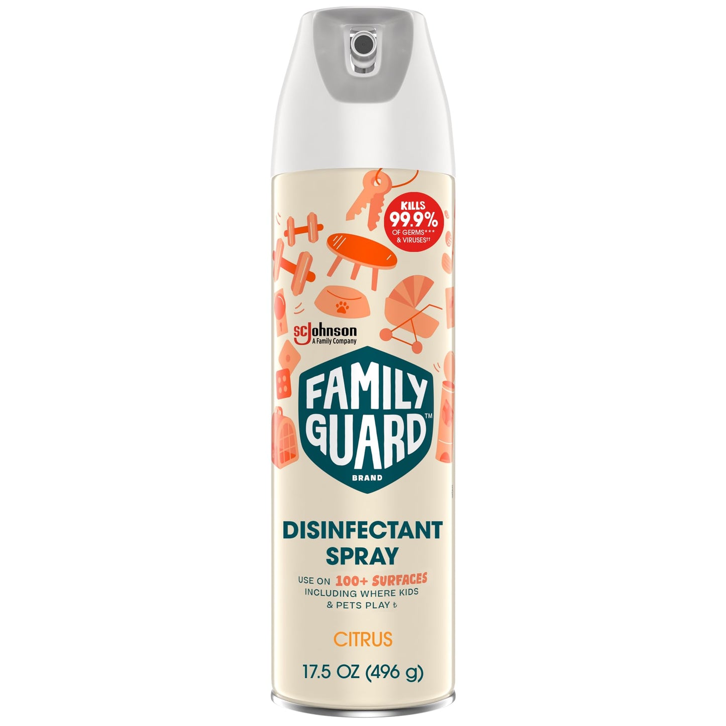 FamilyGuard Disinfectant Spray Aerosol, Antibacterial & Sanitizing Spray, Use on 100+ surfaces including where kids & pets play, Citrus Scent, 17.5 oz