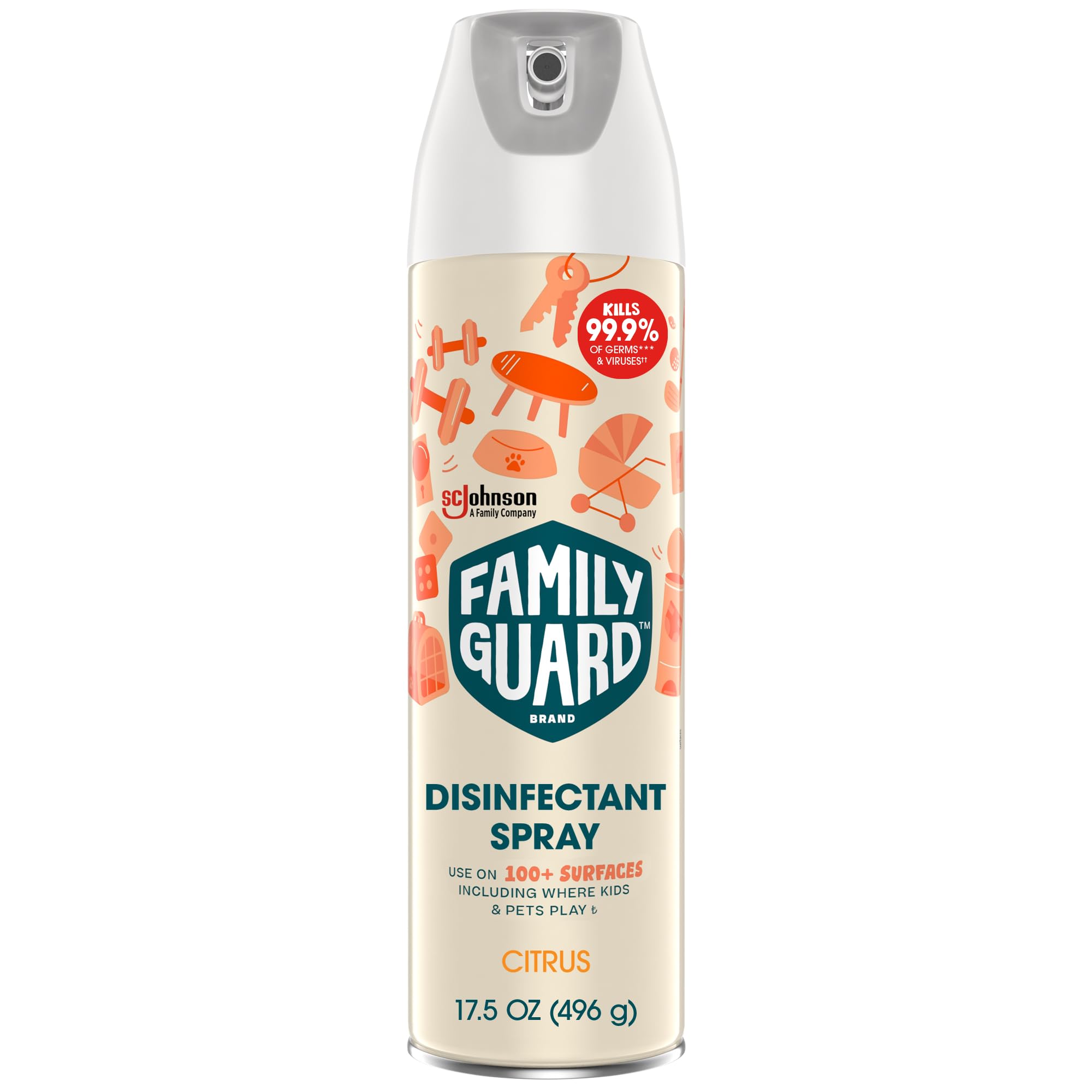 FamilyGuard Disinfectant Spray Aerosol, Antibacterial & Sanitizing Spray, Use on 100+ surfaces including where kids & pets play, Citrus Scent, 17.5 oz