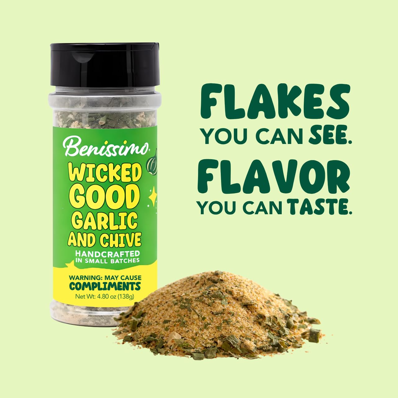 Benissimo Garlic & Chive Crystal Seasoning, Savory Blend for Chicken, Beef, Pork, Vegetables, Eggs, Pasta, Soups, Marinades & Everyday Cooking