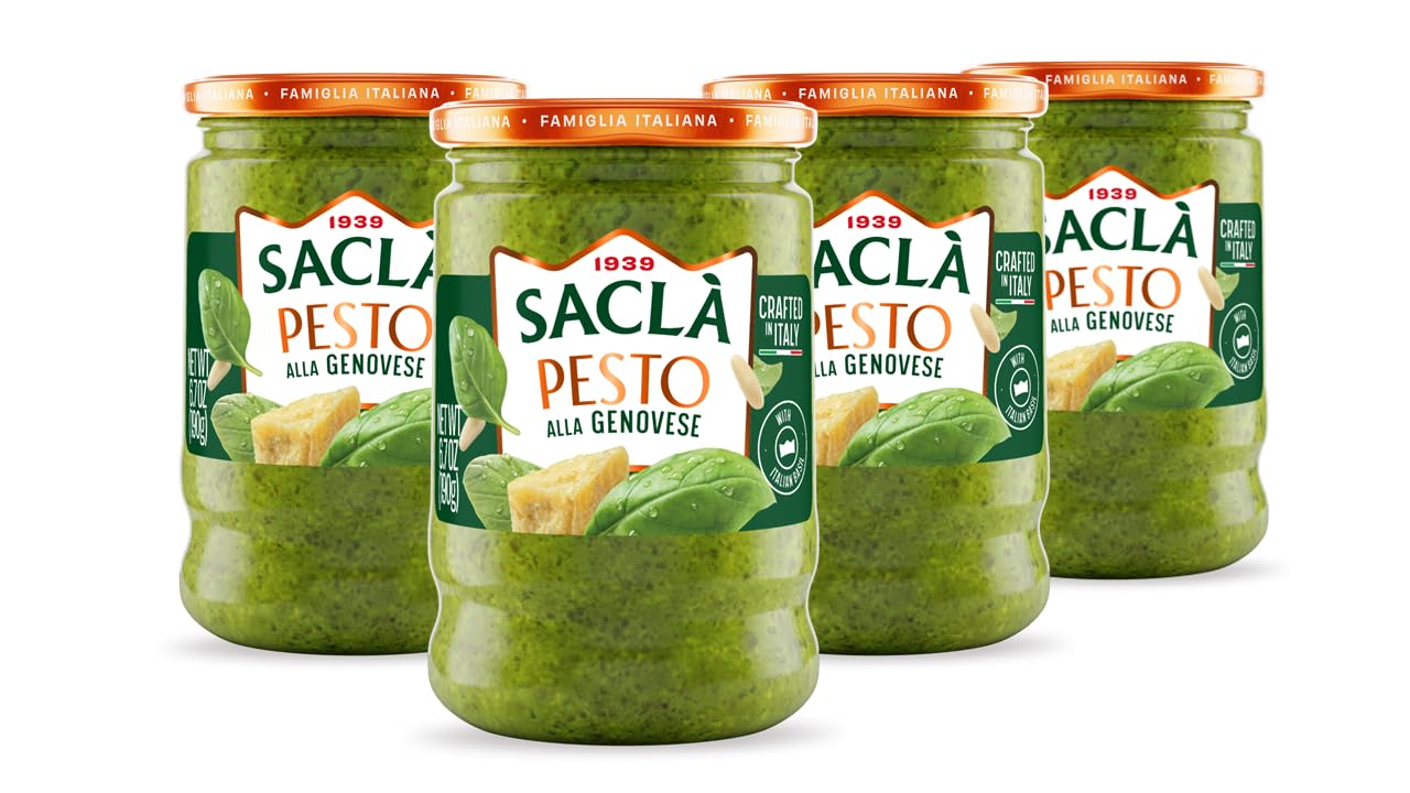 Sacla Basil Pesto alla Genovese 6.7oz Glass Jar 4-Pack | Imported from Italy | Italian Pesto Sauce made from Italian Basil, Parmigiano Reggiano
