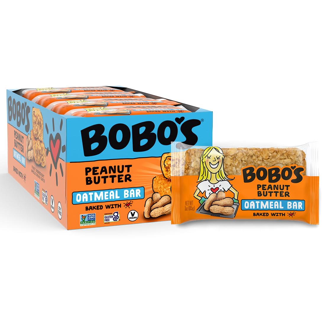 Bobo's Peanut Butter Oat Bars, Simple Ingredients, Whole Grain Oats, Plant Based, Gluten Free Breakfast Bars, Non-GMO, Healthy Snacks for Adults