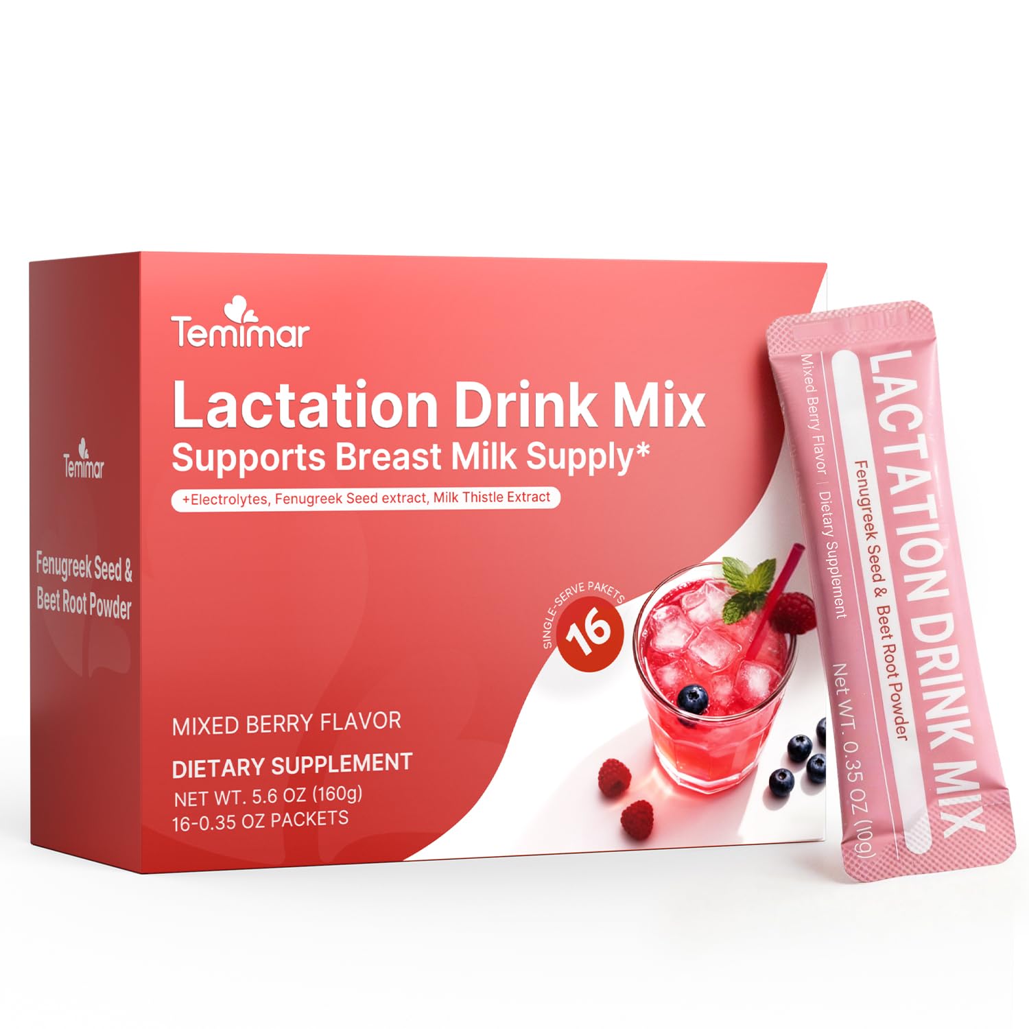 Temimar Lactation Drink Mix for Breastfeeding, with Fenugreek, Milk Thistle, Electrolytes for Healthy Milk Supply & Hydration, Mixed Berry Flavor, 16