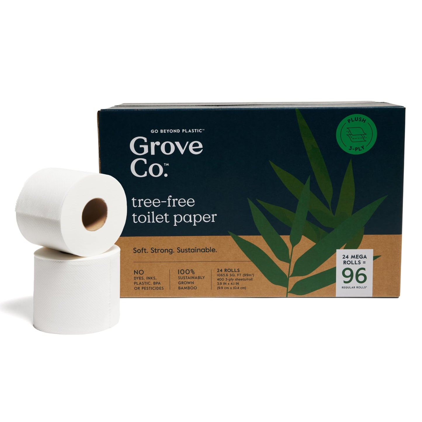 Grove Co. Bamboo Toilet Paper Tree Free & Septic Safe Bath Tissue, Ultra Soft, Durable, & Absorbent 3 Ply Sheets (1 Roll = 44.4 sq ft) Bulk Toilet