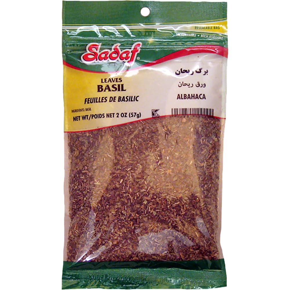 Sadaf Basil Leaves - Dried Basil Leaves for Cooking and Food Seasoning - Flavorful Herb - Mediterranean Cuisine Spice - Kosher - 2 Oz Resealable Bag