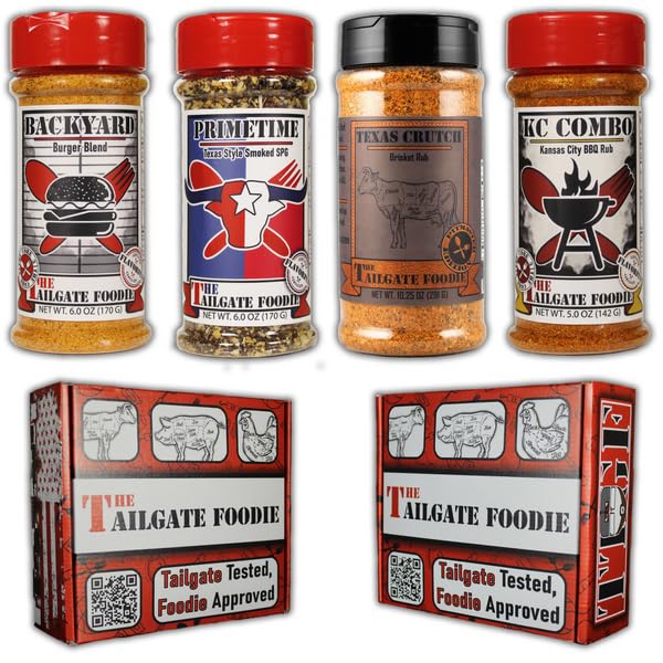 THE TAILGATE FOODIE Beef Seasoning Gift Box - 4 Pack BBQ Rub Variety Pack for SMoking, Barbecue, and Grilling - Burgers, Steak, Brisket, and Burnt End