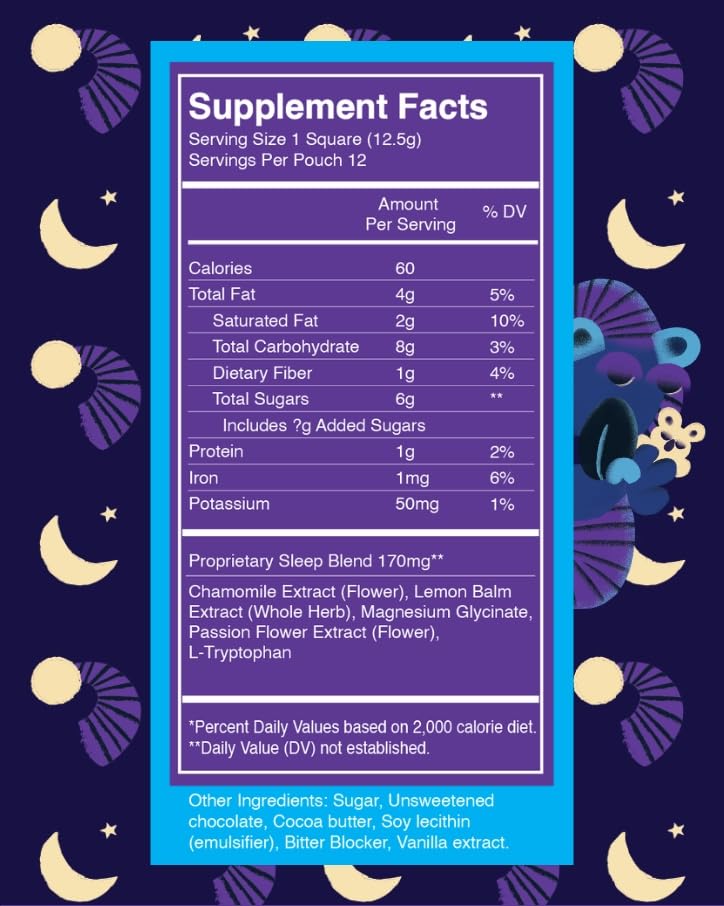 Sleepy Chocolate for Kids by The Functional Chocolate Company. 12 dark chocolate pieces with calming formula including popular botanicals such as