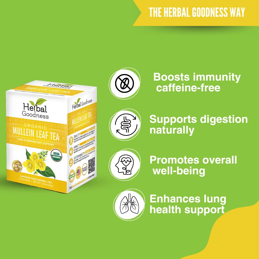 Mullein Leaf Tea - Organic Mullein Tea Bags For Lungs, Respiratory Health, Digestive System, Immune System, Supports Overall Health, 24 Mullein Tea