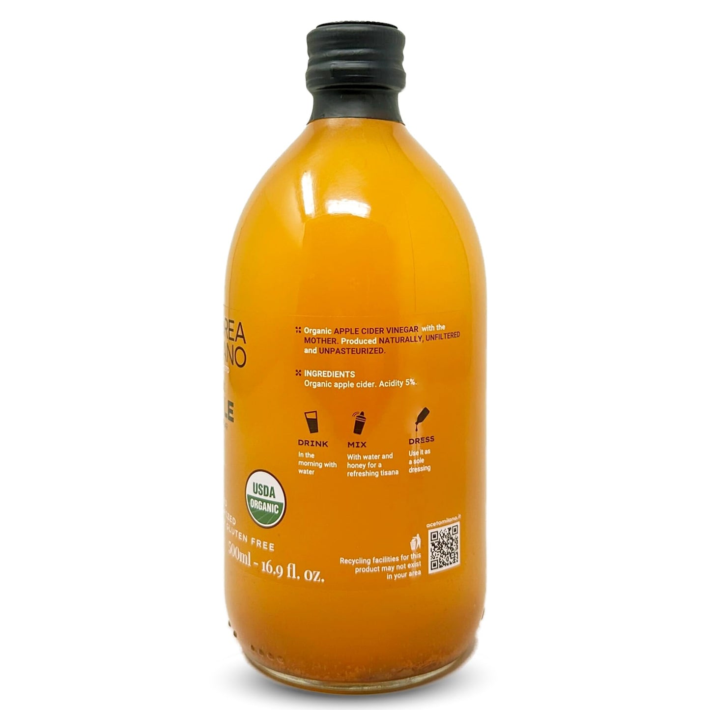 Andrea Milano Organic Apple Cider Vinegar - Raw Italian Natural Vinegar with the Mother, Unfiltered, Unpasteurized, Non-GMO, Vegan, Bulk, Glass Bottle