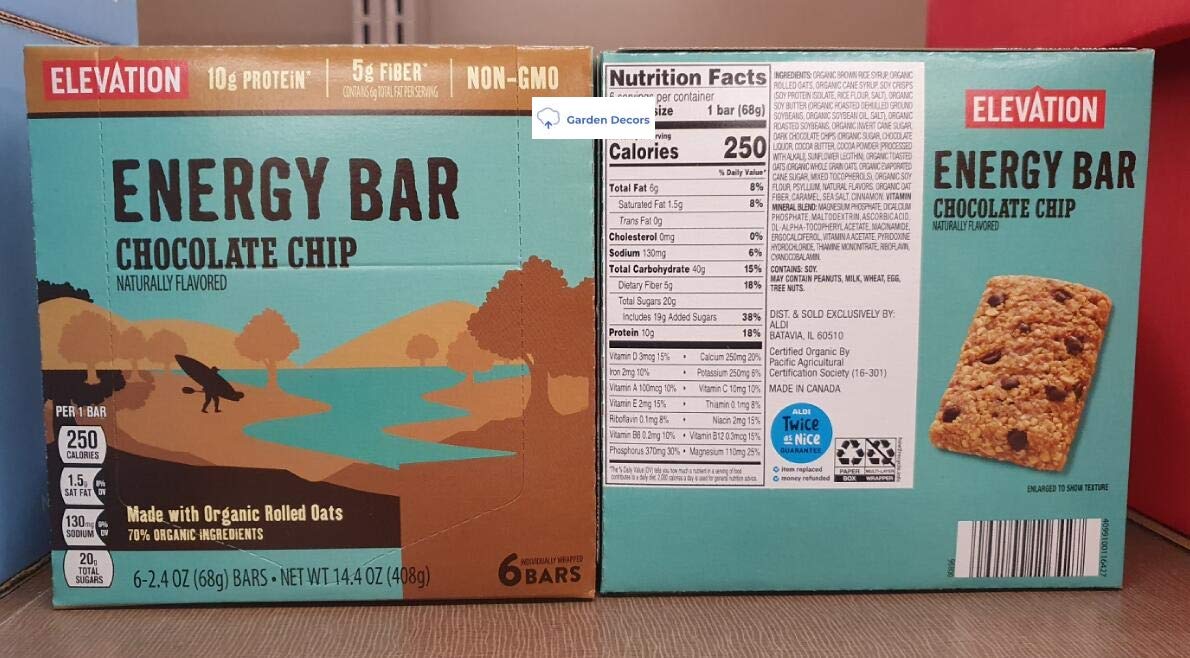 Elevation Energy Bar Chocolate Chip 14.4oz 408g (2 Boxes)