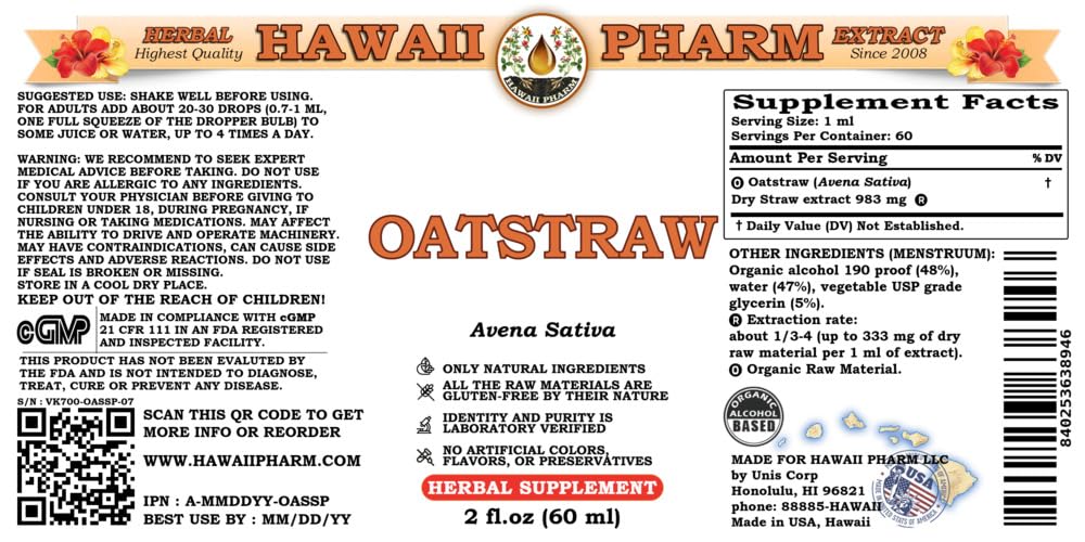 Hawaii Pharm Oat Straw Alcohol-Free Liquid Extract, Professional Grade, Small Batch Crafted Oats Straw (Avena Sativa) Dried Tops Glycerite Natural
