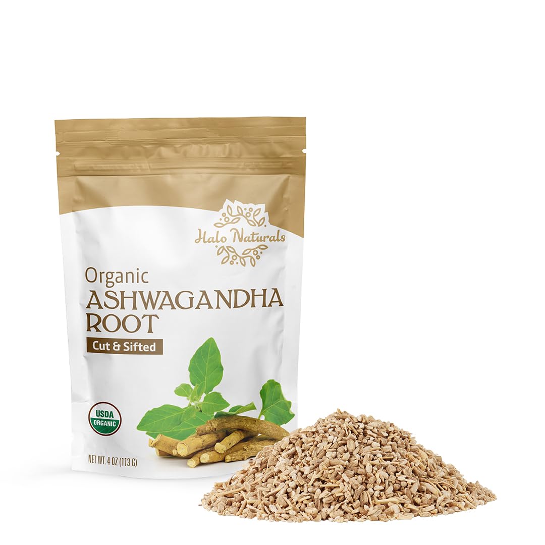 Halo Naturals Organic Ashwagandha Root Cut & Sifted, 4 Ounces (Withania somnifera) USDA Certified | Resealable Pouch| Packaged in The USA