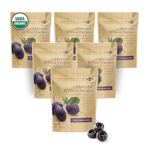 Sunsweet D'Noir Organic Prunes - Prunes Pitted Unsweetened & Dried - Gluten Free, Preservative Free, Vegan - Fiber & Minerals - 7 oz Pouch x 6 Pack