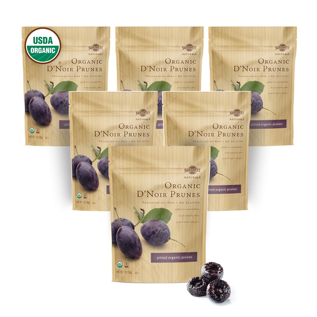 Sunsweet D'Noir Organic Prunes - Prunes Pitted Unsweetened & Dried - Gluten Free, Preservative Free, Vegan - Fiber & Minerals - 7 oz Pouch x 6 Pack
