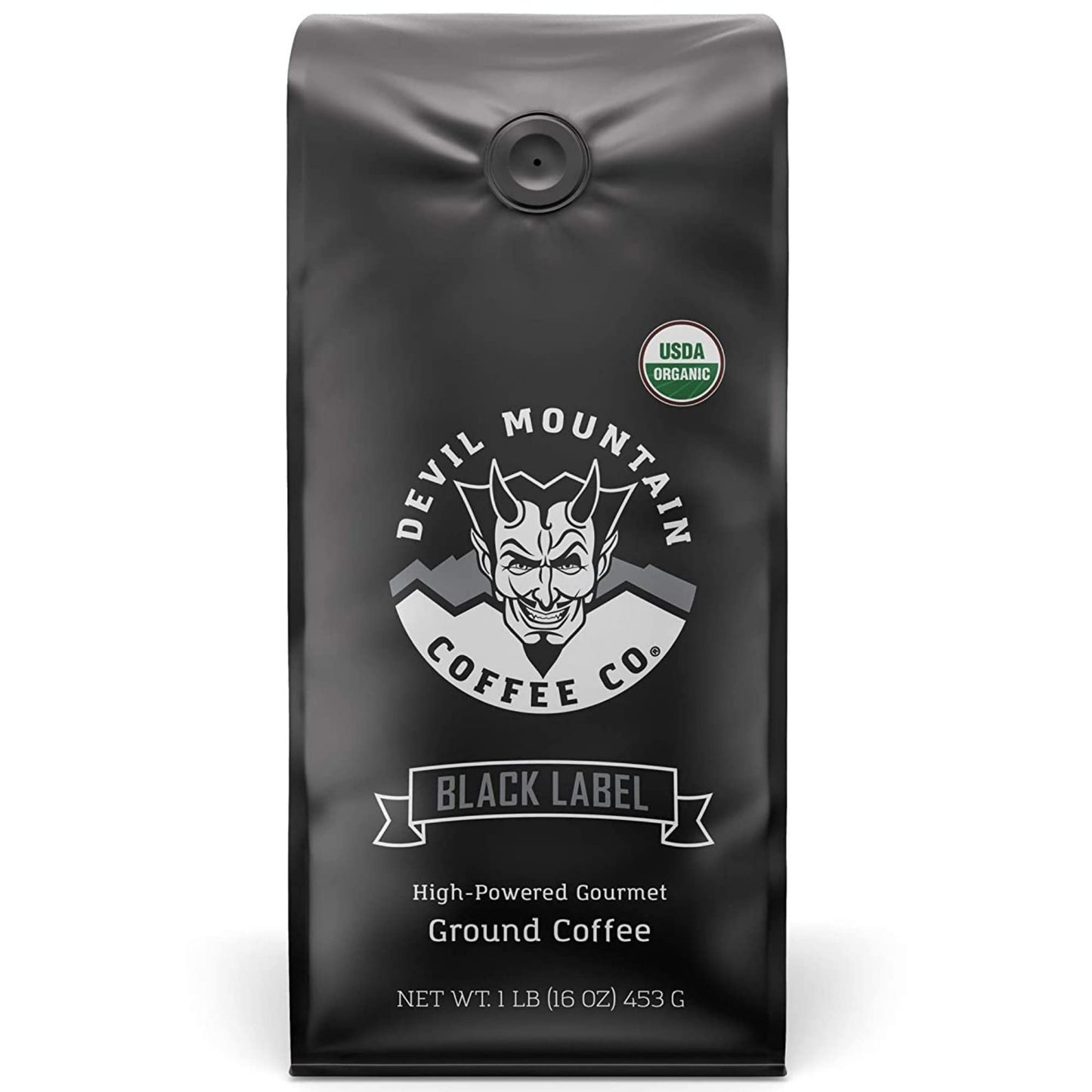 Devil Mountain Coffee Black Label Dark Roast Ground Coffee, Strong High Caffeine Coffee Grounds, USDA Organic, Fair Trade, Gourmet Artisan Roasted