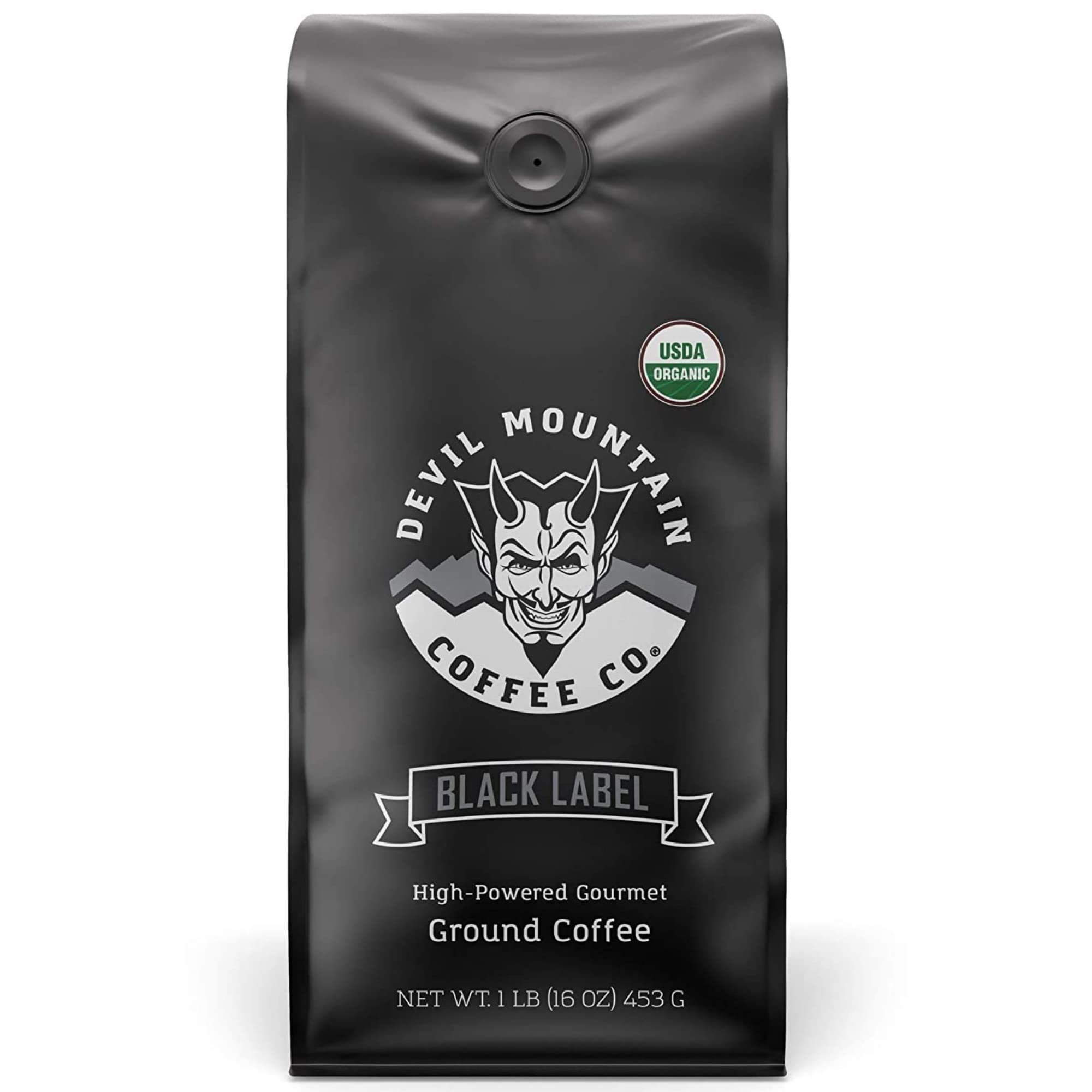 Devil Mountain Coffee Black Label Dark Roast Ground Coffee, Strong High Caffeine Coffee Grounds, USDA Organic, Fair Trade, Gourmet Artisan Roasted