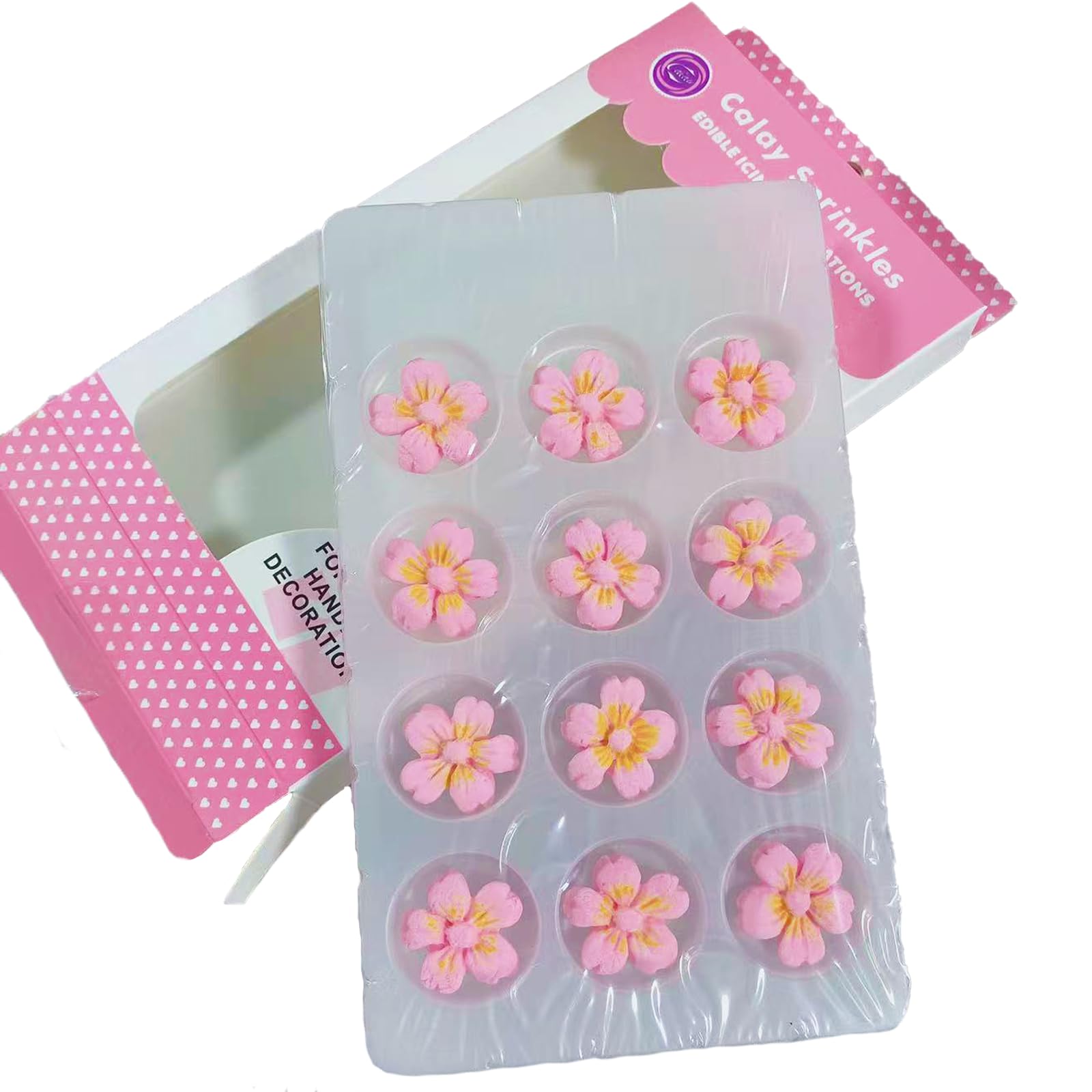 Sentovac 12 Pcs Pink Flowers Icing Decoration Edible Candy Dessert Valentine Sprinkles DIY For Cookie Cake Cupcake Topper Icing Frosting Decoration