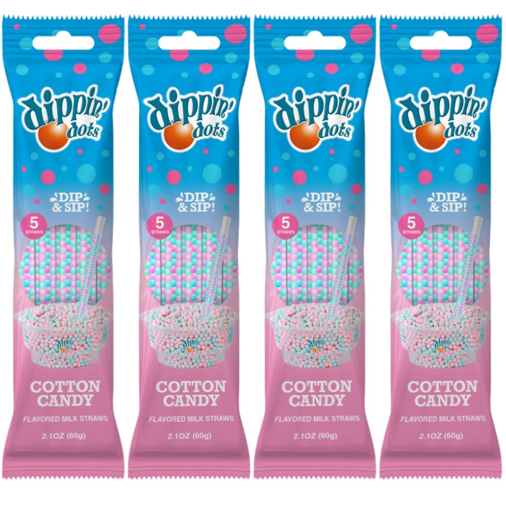 Dippin’ Dots Magically Flavored Milk Straws - Cotton Candy, 4-Pack Bundle (20 Count) Milk Flavoring Straws for Kids, Drinks & Cereal | Sweet Party