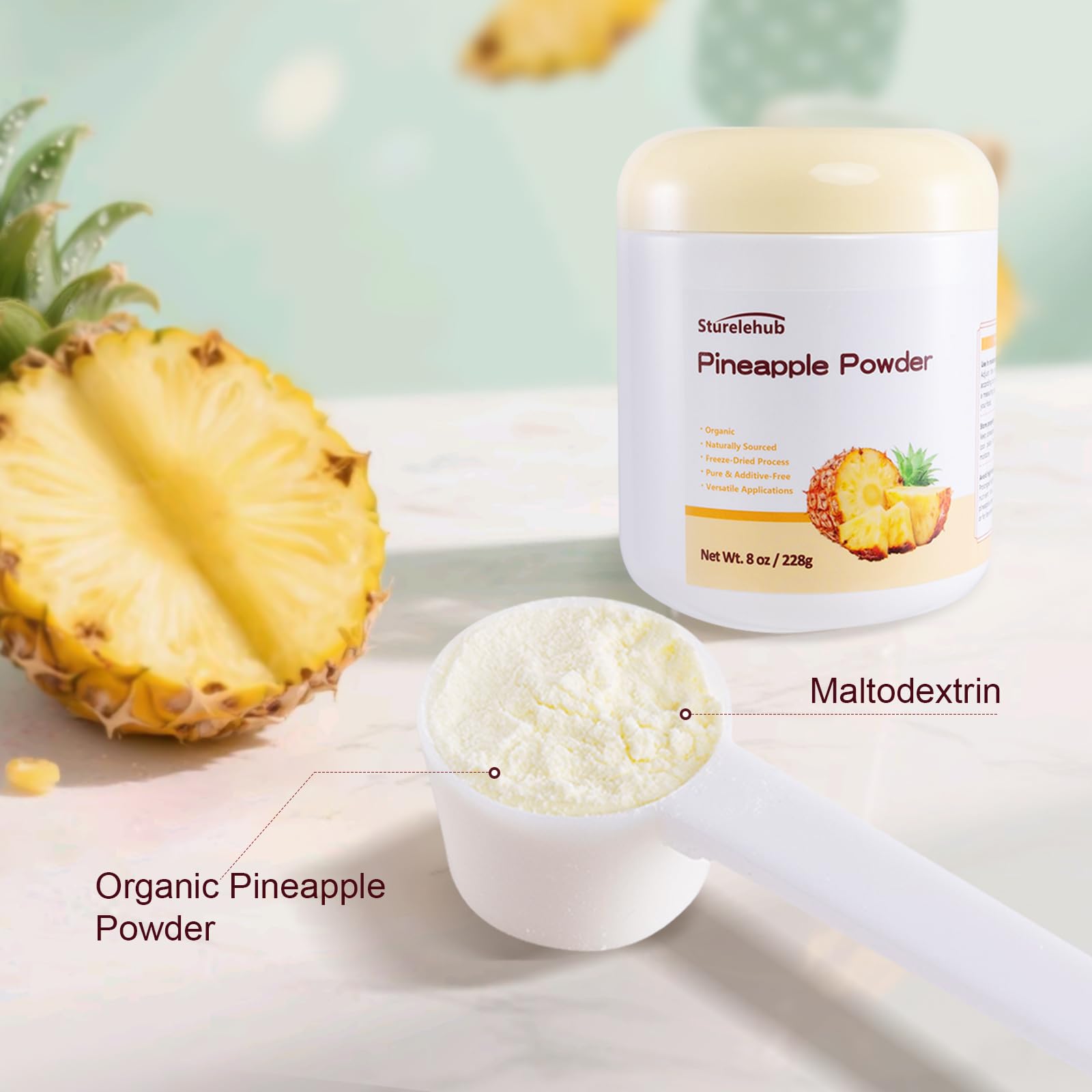 Pineapple Powder, Organic Pineapple Powder, 8oz / 228g, Natural Freeze-Dried, Gluten-free, for Drinks, Cooking, Baking