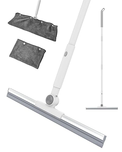 Qriveunet Heavy Duty Floor Squeegee for Concrete Floor- 16.7” Silicone Broom with Cloth Clip Design, 53” Extendable Window Cleaner, Bathroom Mop