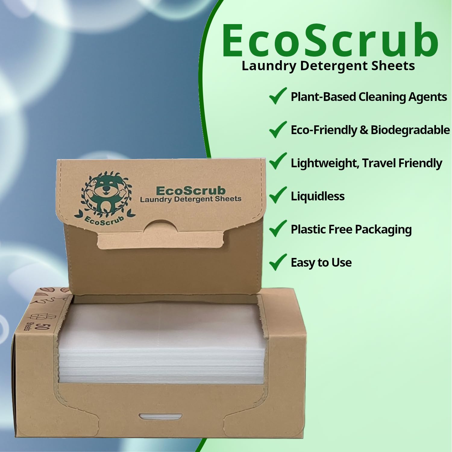 EcoScrub Laundry Detergent Sheets, 100 loads (50 sheets) - Eco friendly, liquid free, certified biodegradable, ultra premium concentrated detergent