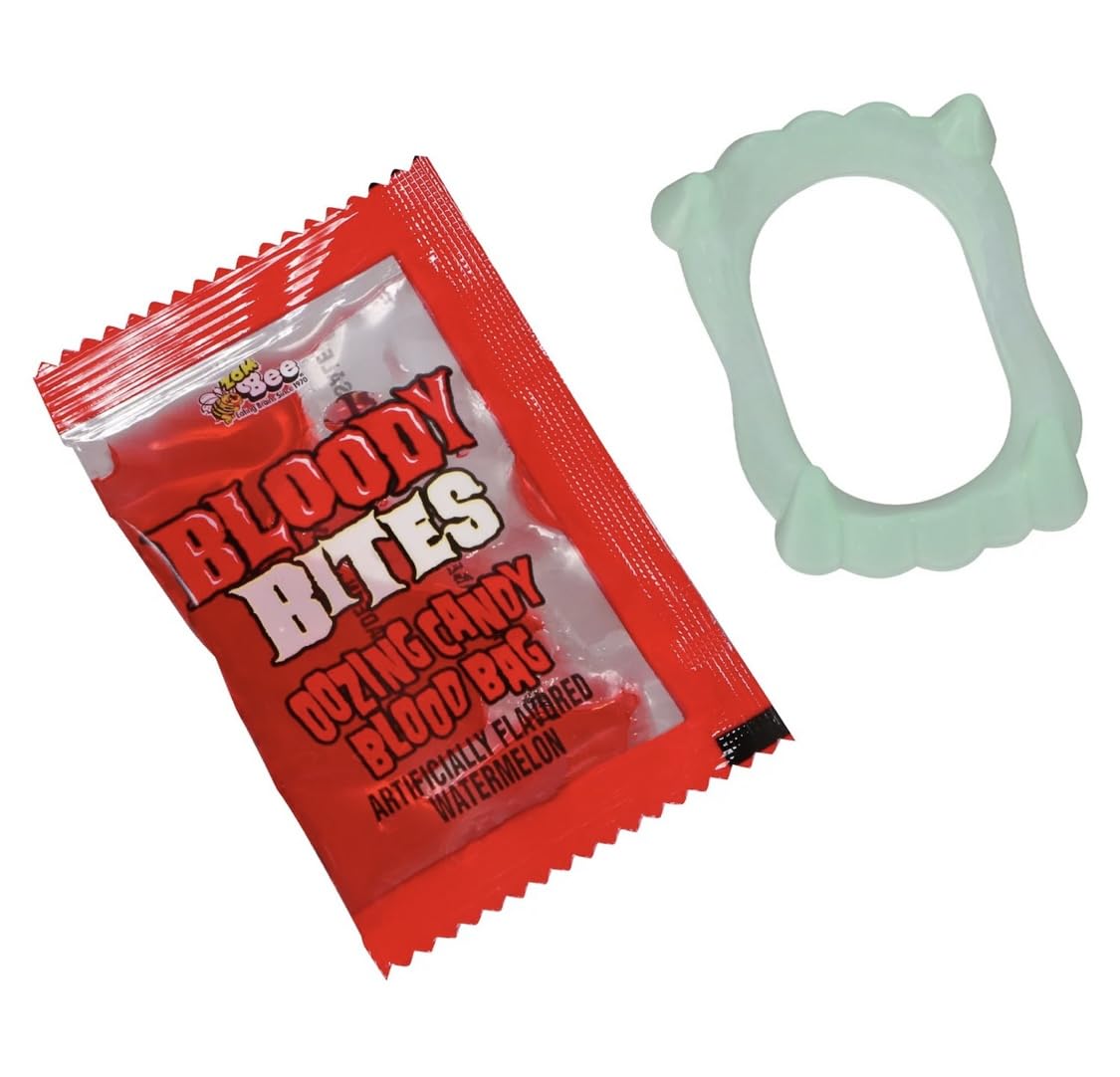 EABC Halloween Bloody Bites Glow In The Dark Plastic Fangs With Oozing Candy Blood Bags Watermelon Flavor, 2 Pk 2.4 Ounce Each PK, 14 Count Party
