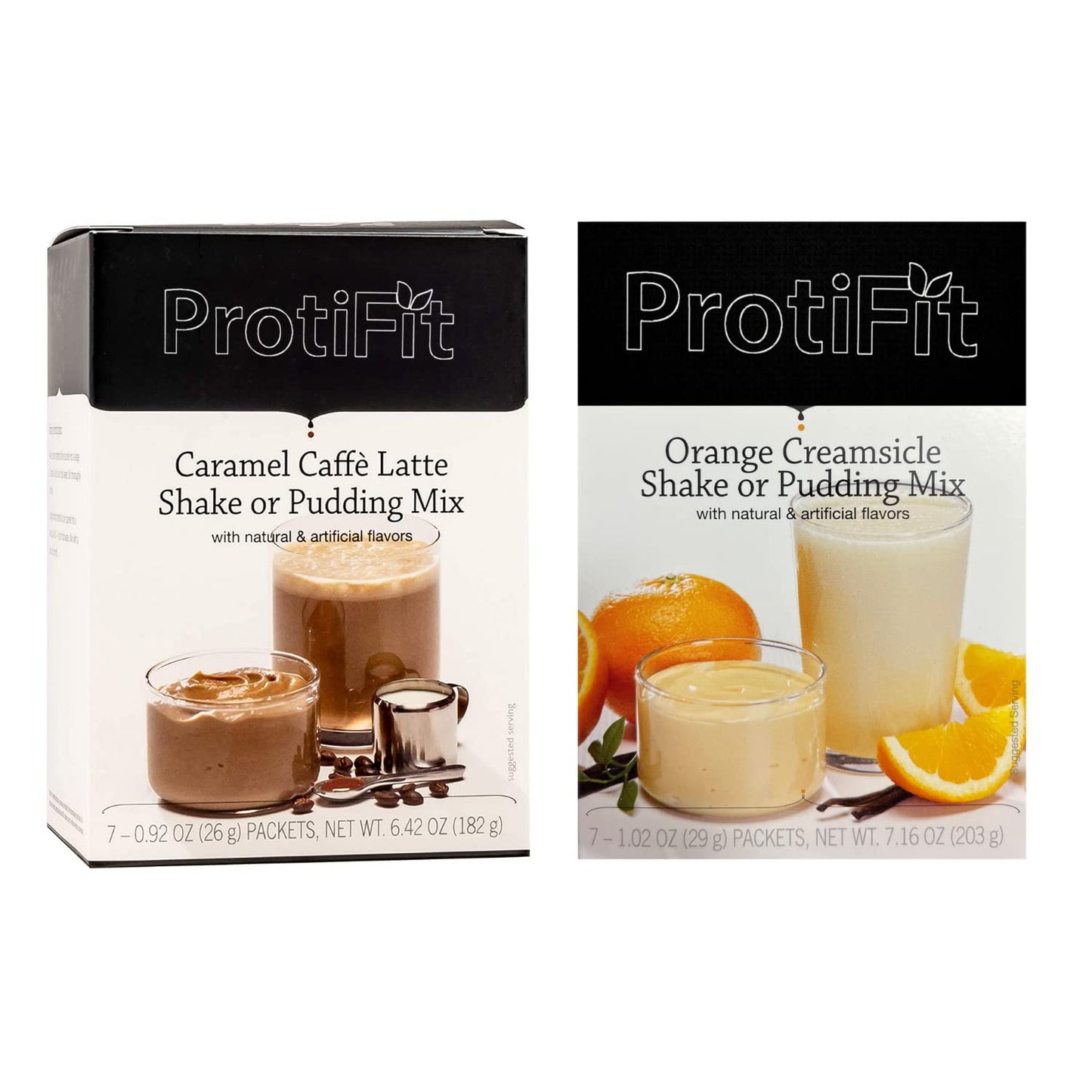 PROTIFIT - High Protein Caramel Caffe Latte & Orange Creamsicle Pudding & Shake Mix 2 Pack, 15g Protein, Low Calorie, Low Fat, Low Carb, Aspartame