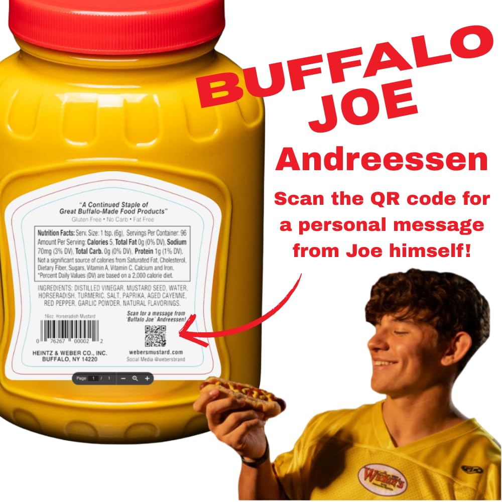 Weber’s Original Horseradish Mustard, 16 oz (4-Pack) | Buffalo’s Iconic Mustard Since 1922 | Limited-Edition Buffalo “Buffalo Joe” Label | Bold