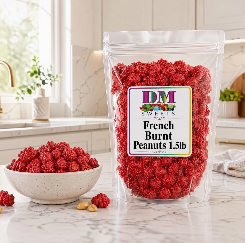 French Burnt Peanuts - 1.5 lbs of Fresh Gourmet Bright Red Candy Coated Roasted Crunchy Peanuts in Resealable Bag