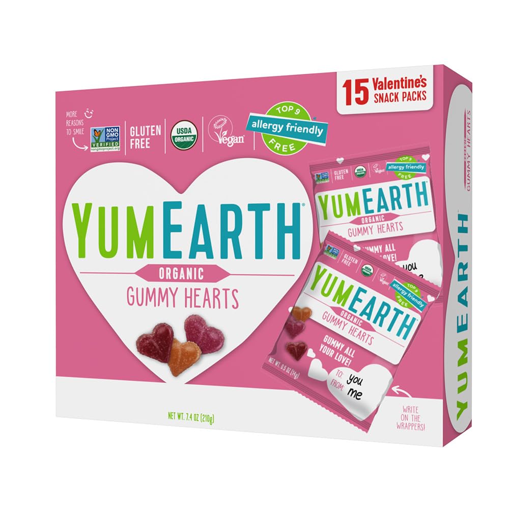 YumEarth Organic Valentine Sugarcoated Gummy Fruit Hearts - Fruity Candy, Gluten Free Snacks for Kids - Allergy Friendly, Non-GMO, No Artificial Dyes