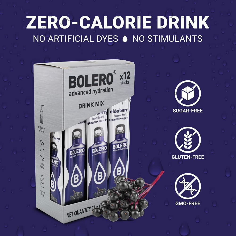 Bolero- Sugar Free Drink Mix Packets Elderberry Fruit Flavors | Powdered Flavored Water Packets | 36 Singles Sticks On The Go Packets