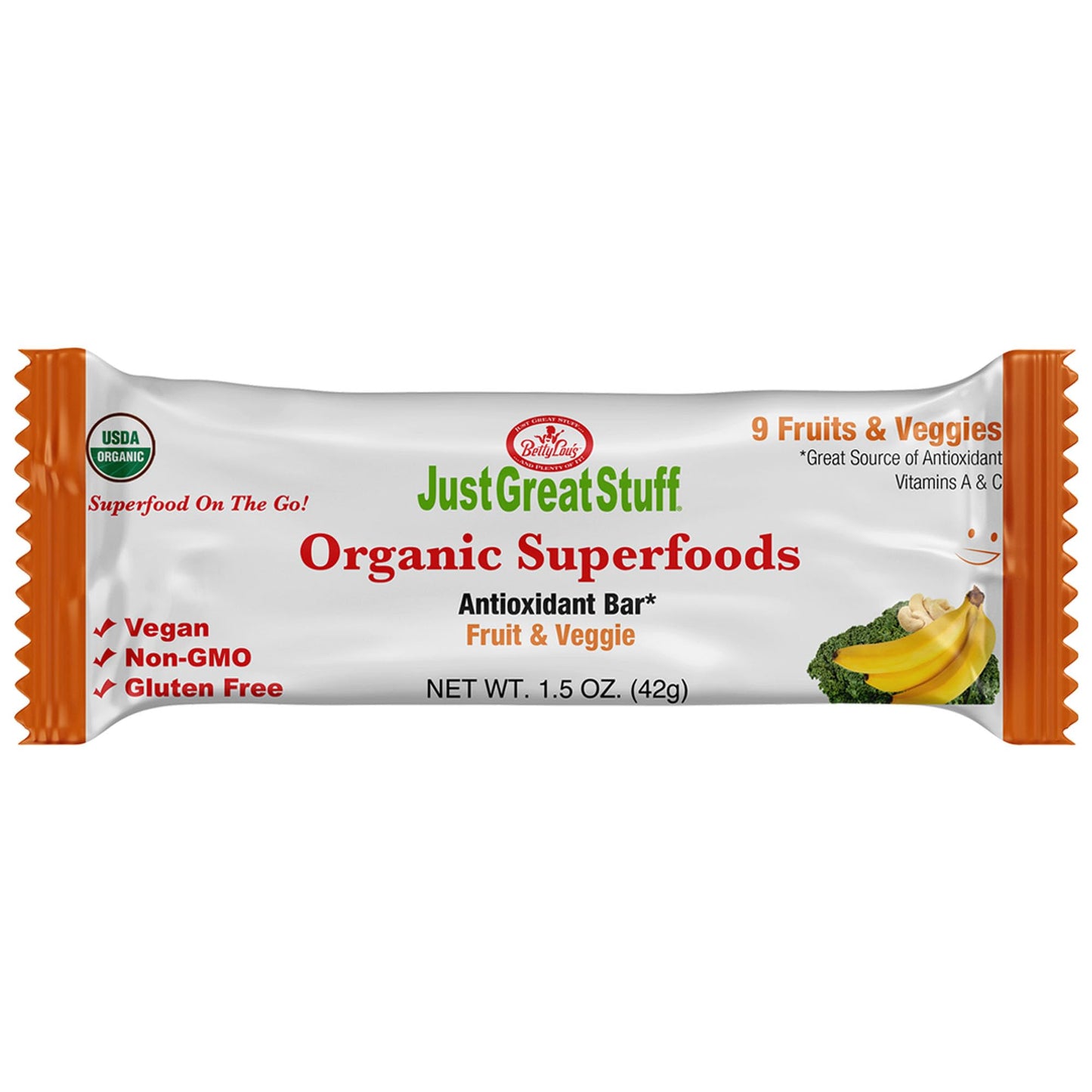Just Great Stuff Organic Protein Bars, Superfood Fruit and Vegetable Bars, Gluten Free, Vegan, Non GMO, Snacks for Adults & Kids, Individually