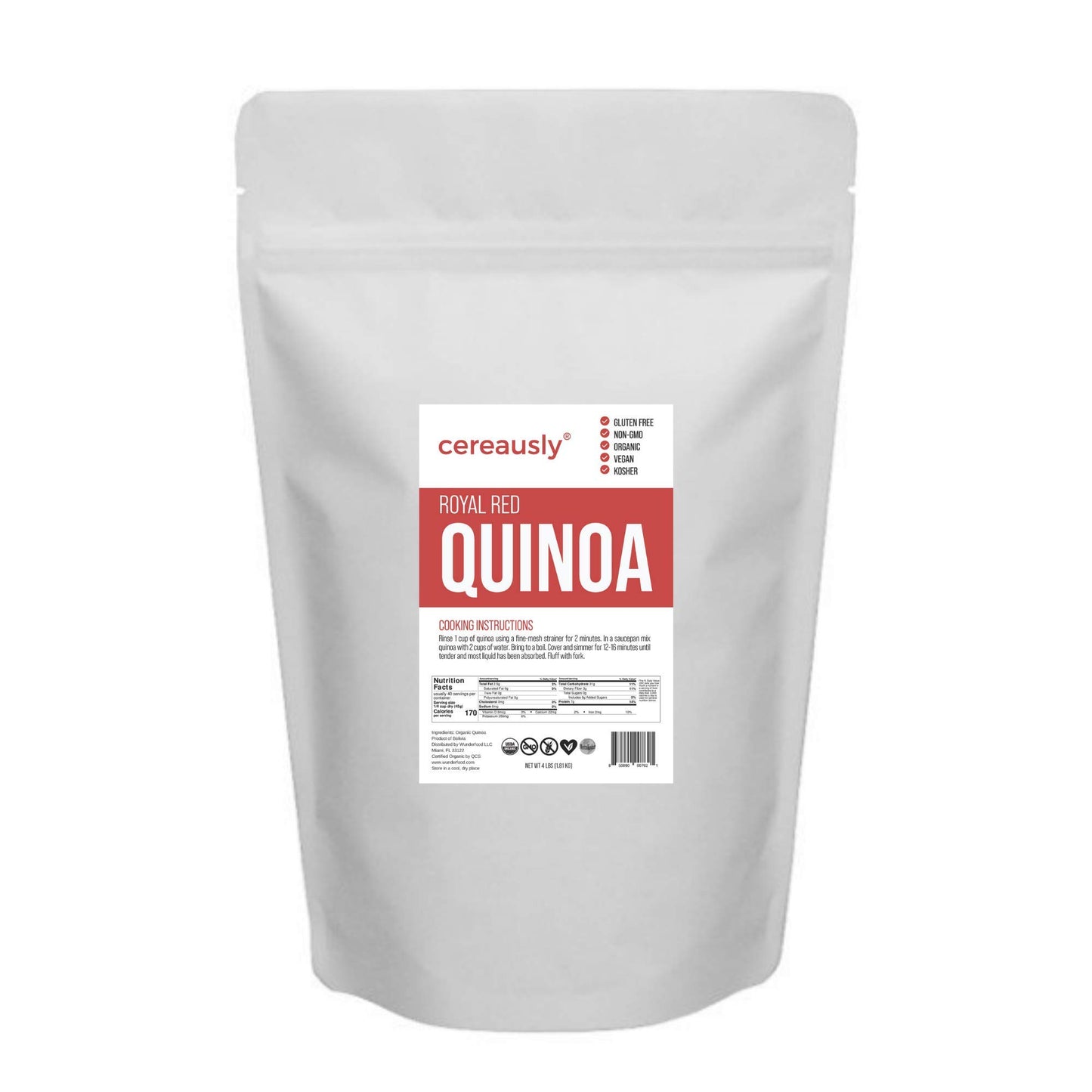 CEREAUSLY Organic Red Quinoa - Premium Royal Quinoa from Bolivia - Kosher and Non-GMO Quinoa Bulk - Vegan and Gluten-Fee Cooking Quinoa - 4 LB
