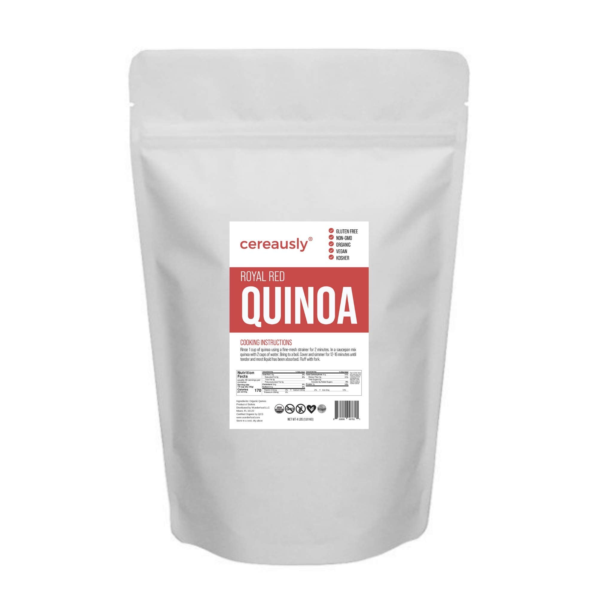 CEREAUSLY Organic Red Quinoa - Premium Royal Quinoa from Bolivia - Kosher and Non-GMO Quinoa Bulk - Vegan and Gluten-Fee Cooking Quinoa - 4 LB