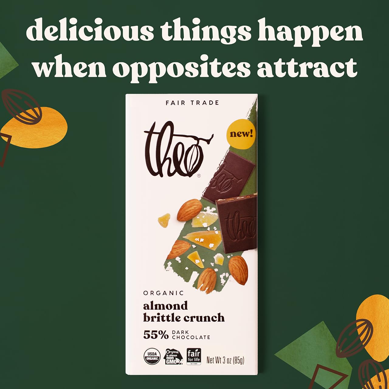 Theo Chocolate Almond Brittle Crunch Organic Dark Chocolate Bar, 55% Cacao, 6 Pack | Vegan, Fair Trade