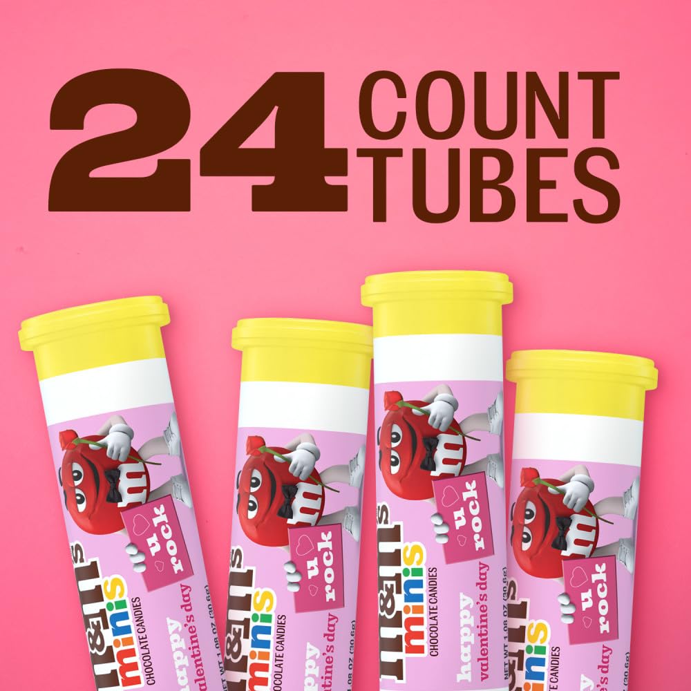 M&M'S Valentine Minis Milk Chocolate Candy, Valentine's Day Candy Gifts Bulk, 1.08 Ounce Tube (Pack of 24)