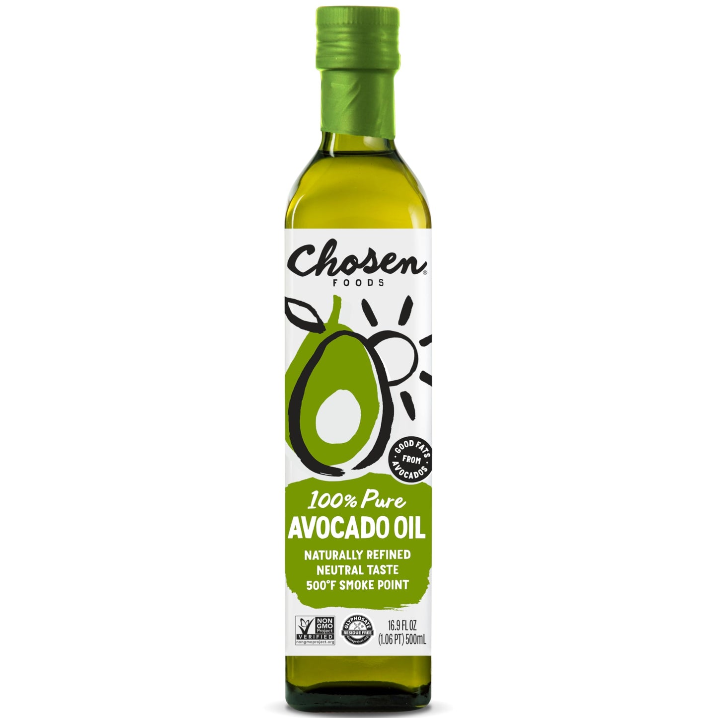Chosen Foods Avocado Oil, 16.9 Fl Oz - All Purpose Cooking Oil made from 100% Pure Avocados - Non-GMO, Gluten-Free, Keto Friendly, Glyphosate Free - 500mL (Pack Of 1)