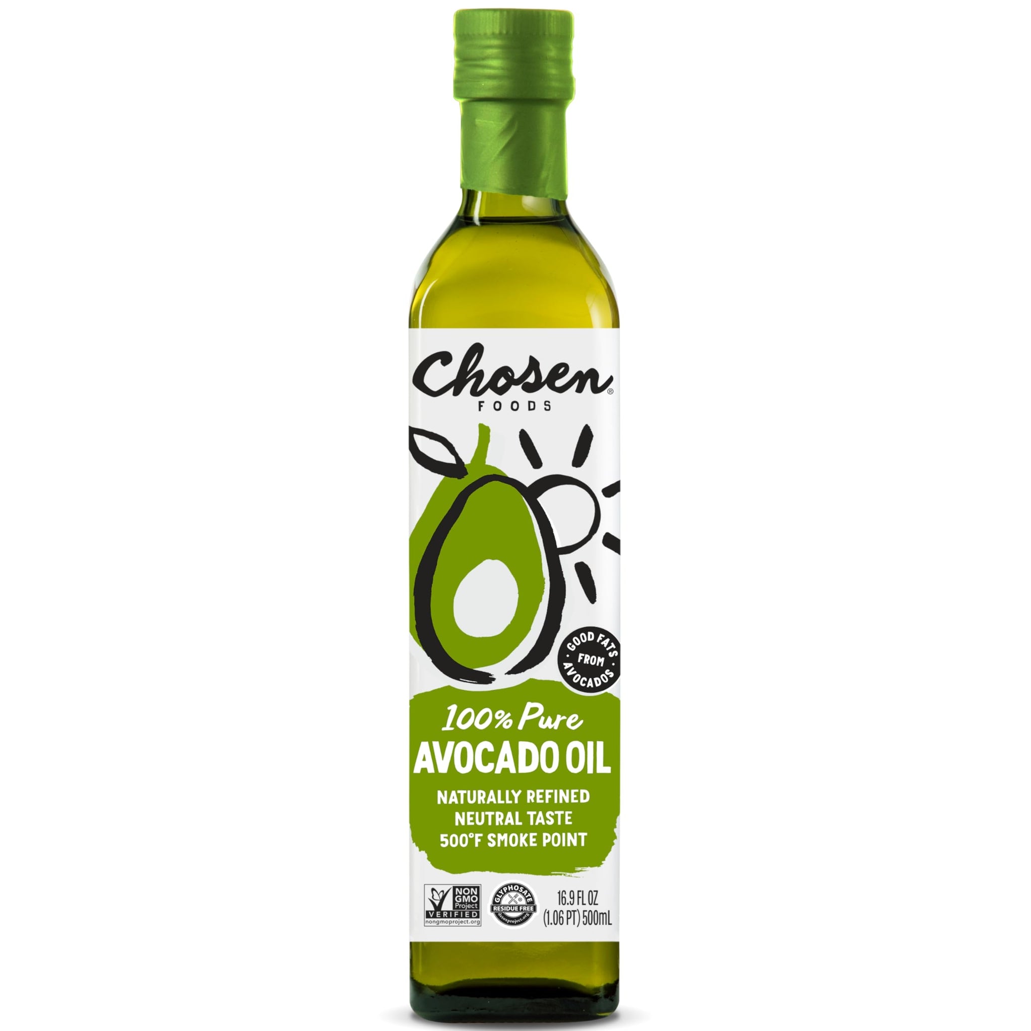 Chosen Foods Avocado Oil, 16.9 Fl Oz - All Purpose Cooking Oil made from 100% Pure Avocados - Non-GMO, Gluten-Free, Keto Friendly, Glyphosate Free - 500mL (Pack Of 1)