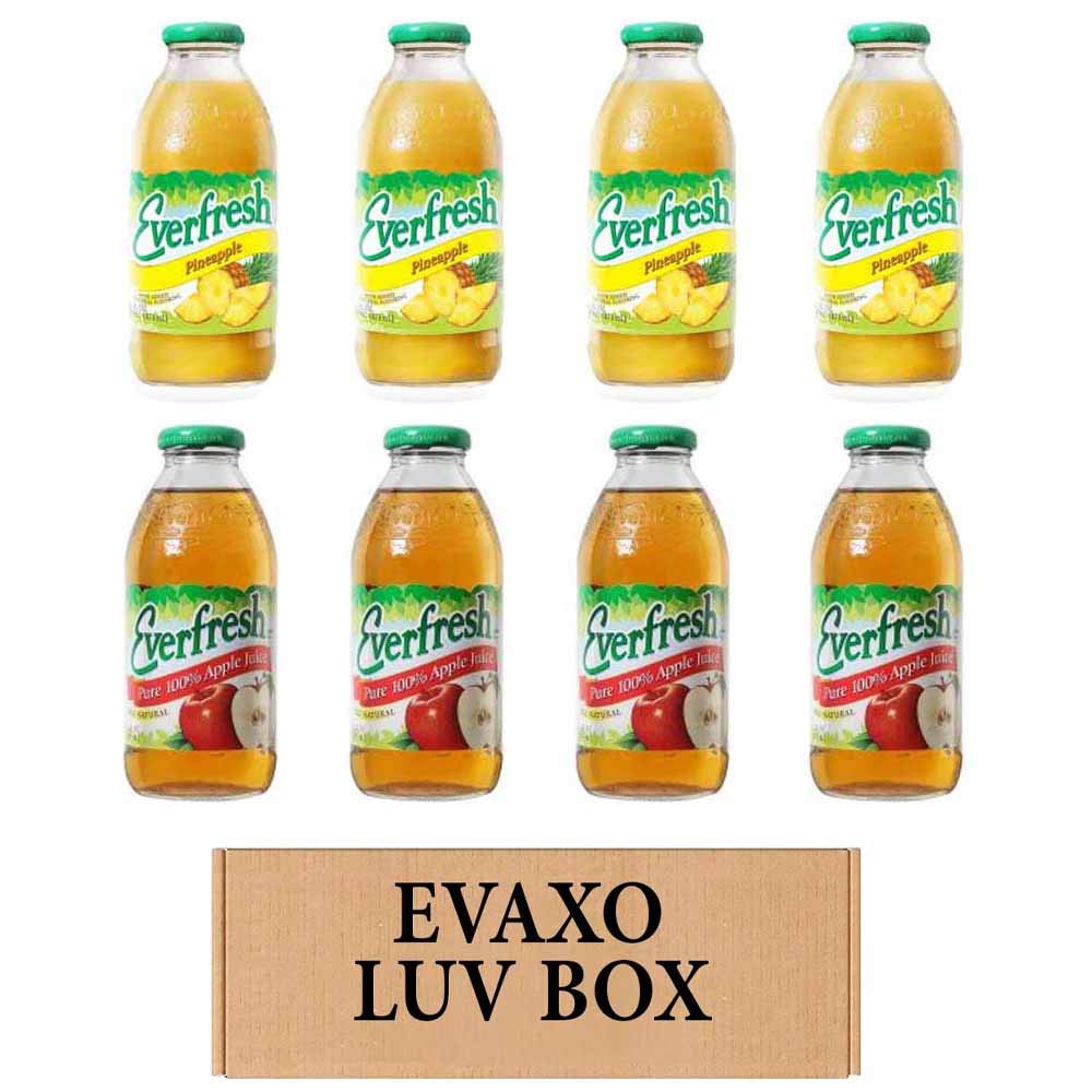 Evaxo LUV BOX - Variety Everfresh Juice, 16 oz. Pack of 8, Pineapple & 100% Apple Juice, 8 Count, 16 oz Bottle