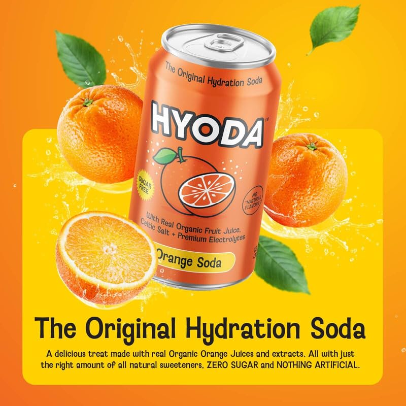 HYODA Orange Soda, Gluten Free and Vegan Sparkling Electrolyte Drink, Made with Organic Orange Juice, Celtic Salt, and Calcium, Keto, Zero Sugar