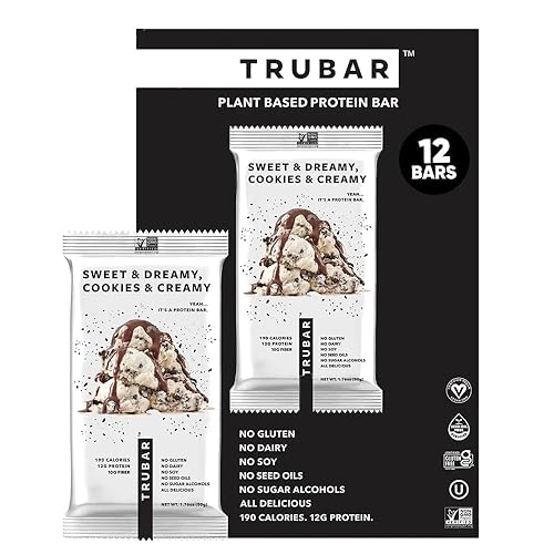 TRUBAR Vegan Protein Bar, Sweet & Dreamy Cookies and Creamy, Gluten Free, Plant Based Protein, Dairy Free, Non GMO, Soy Free, No Sugar Alcohols, 12G