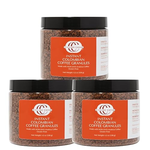 Civilized Coffee Instant Colombian Coffee Granules - Classic Roast, Non-GMO, 4.5 oz Jars (Pack of 3) (150 Servings)