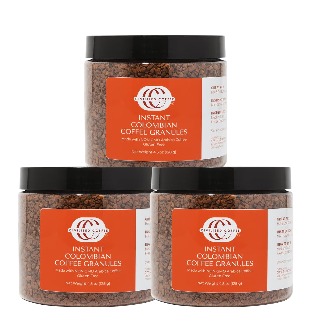 Civilized Coffee Instant Colombian Coffee Granules - Classic Roast, Non-GMO, 4.5 oz Jars (Pack of 3) (150 Servings)